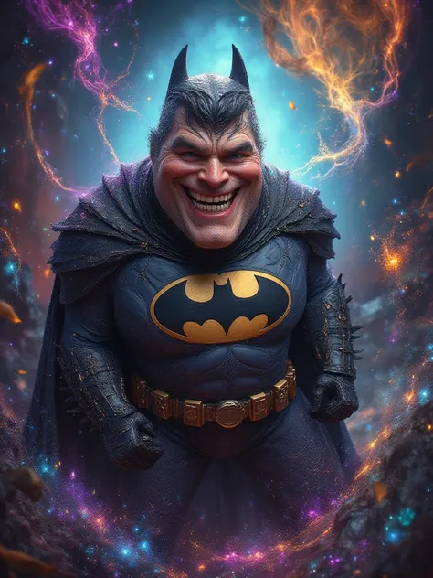 Danny DeVito in a batman suit, fat and happy, Joker smile, fantasy background