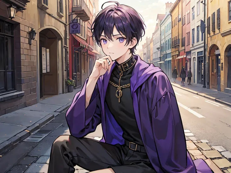 A poor dark-purple short-haired boy sitting on a medieval street is staring at people coming and going with a keen eye