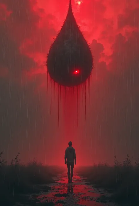 A sky is red and rottenbloody and a zombie raindrop and infects another humans