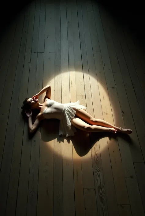 Overhead shot of a ballet dancer lying on the floor of a stage with light pointing at her