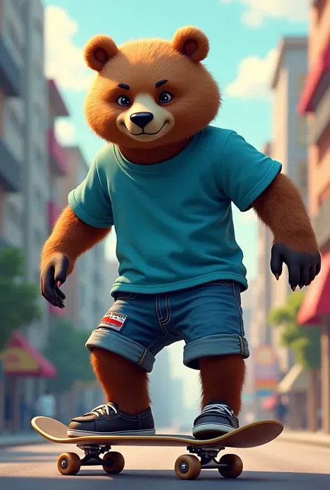 Fashionable bear riding skateboard dressed in shorts and t-shirt clothing colors blue