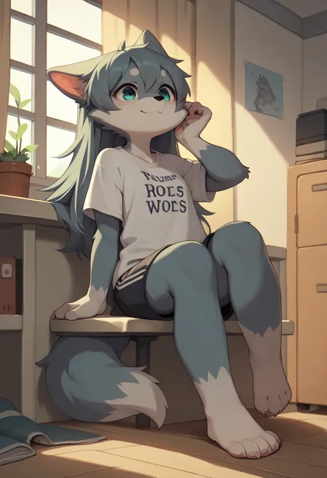 Anime style wolf furry small cute girls,(small flat boobs) very wide long huge legs, t-shirt and hors in the school rooms,