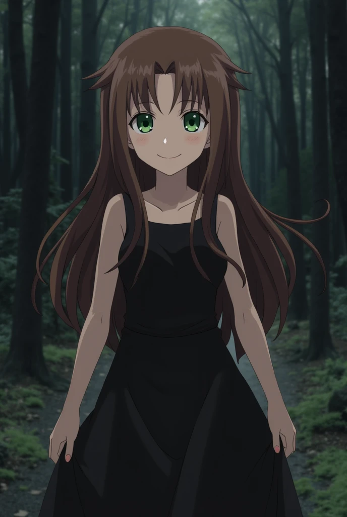  Japanese Anime , Yu-Gi-Oh, Izayoi Aki, female, High school student,  brunette ,  long hair,  green eyes, dead eyes, masterpiece,  top grade, High definition, 2D, seamlessly, smile,  black dress , Blackening,  dark forest background 