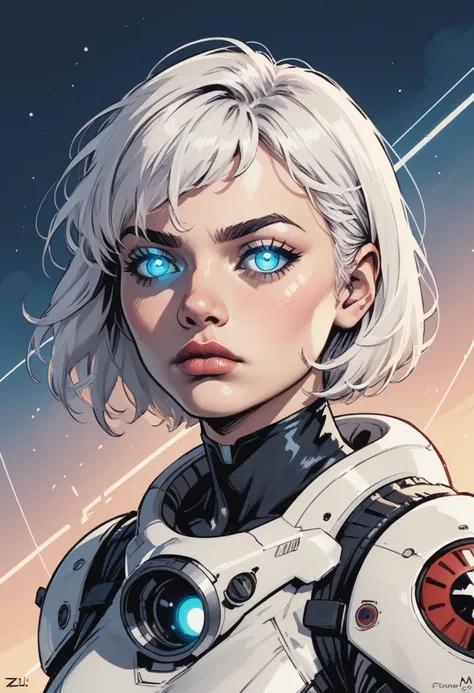 solo, 1girl, white hair, glowing, science fiction, power armor, upper body, short hair, cable, looking at viewer, glowing eyes, blue eyes, armor, spacesuit, tube, s1_dram, zPDXL3, detailxl,  Score_PnyReal,