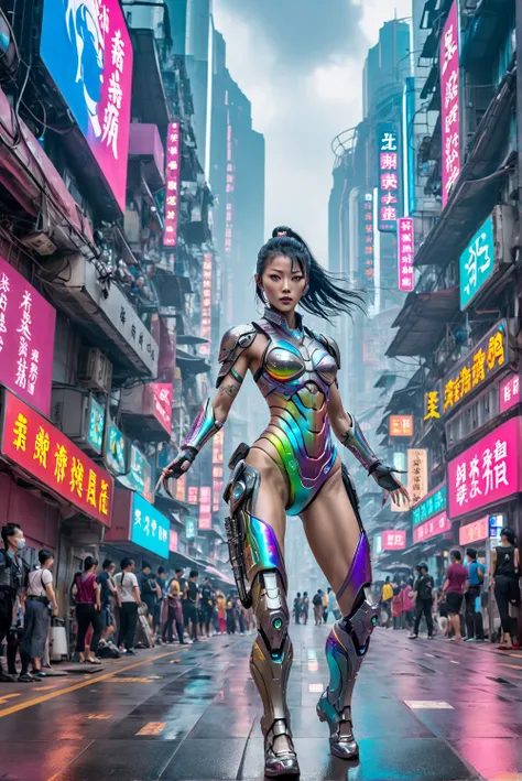 Futuristic cool Kung Fu God Master woman zombie cyborg in Hong Kong, near future, rainbow aormor, AI latest technology, hope for the future, K latest technology, amazing, cool, a mass of hope ((masterpiece, highest quality, 8K))