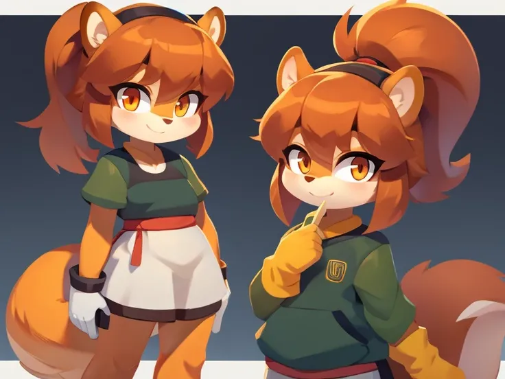 Cute furry squirrel girl, short ponytail hair, detailed body, plain clothes, orange eyes 