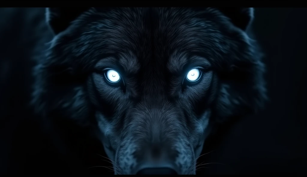 Two white eyes of a wolf at night.
