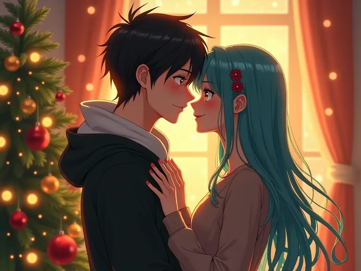 couple in love at Christmas time .  Long-haired blue-green haired girl and black-haired golden-eyed boy 