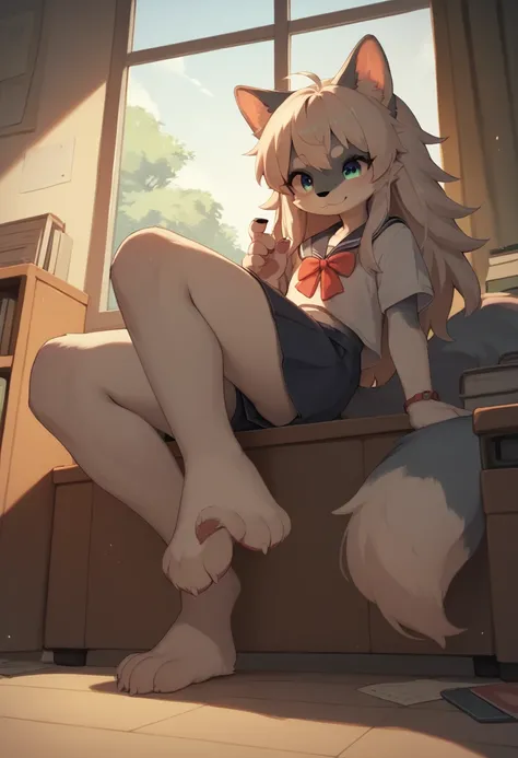 Anime style wolf furry small cute girls,(small flat boobs) very wide long huge legs,  in the school rooms,