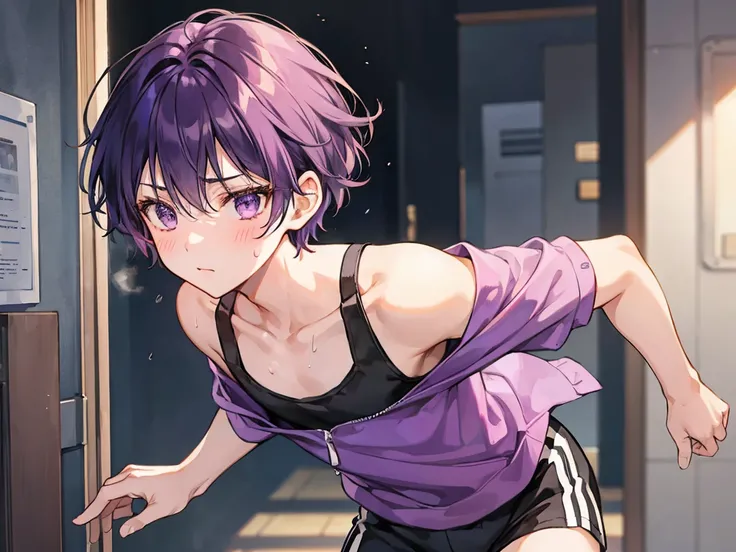 A boy with short dark purple hair is running sweaty in revealing clothes