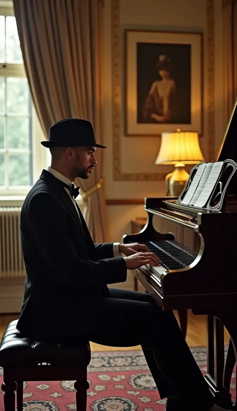 Create a character consistent with this image while keeping the facial features complete.
An elegant man playing a grand piano in a vintage 1920s living room. He wears a formal suit with a vest, bow tie and hat, as he sits concentrated in front of the pian...