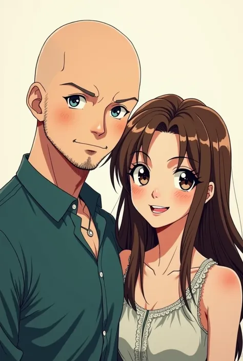 Image style dakira toriyama dun couple souriant homme et femme regardant devant eux
Homme :  pas gros blanc - chauve -yeux bleu - barbe
Femme :  pas grosse - cheveux brun - yeux marron 