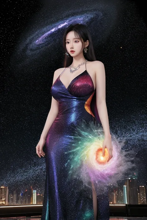 a woman, Korean, 25 years ,  a long dark cosmo dress looking like a galaxy ,  shiny necklace looking like a multicolored blossoming prism, in a destroyed city, realistic,  best quality 