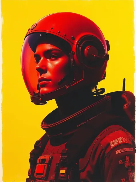 Lithograph of a red space pilot in a dark suit and helmet, against a yellow background, with bold lines and high contrast, in the style of 70s sci-fi art by Wayne Barlowe. --s 250 --style raw --ar 13:14 --v 6.1