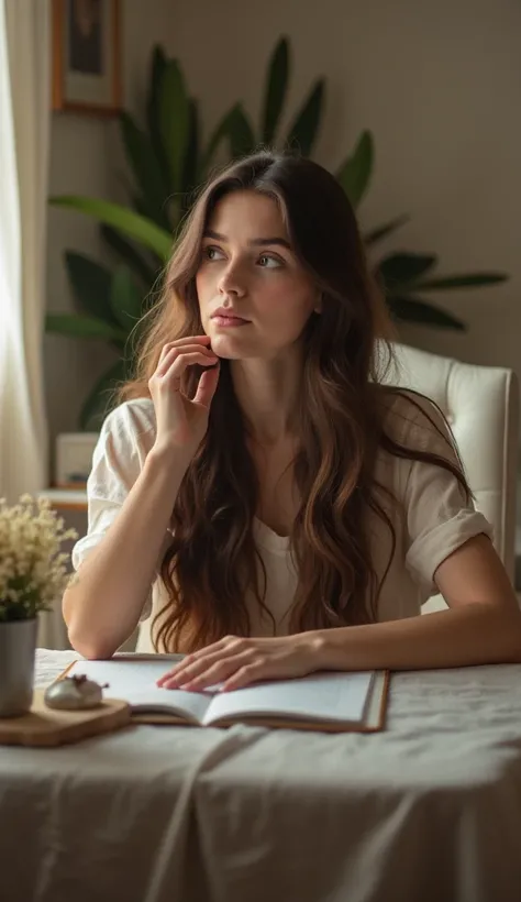 cheveux bruns longs, sur sa chaise de bureau blanche en cuir dans sa chambre