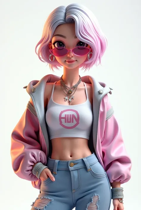 A hyper-realistic 3D render of Young Miko as an avatar, capturing her distinct features and personality. She has short, wavy hair styled with a sleek and modern edge, featuring pastel tones with subtle highlights that catch the light naturally. Her skin te...