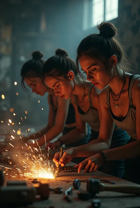 3 young women creating weapons to defend themselves against zombies 