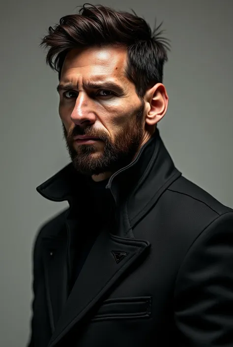 Realistic image of Messi with a black jacket