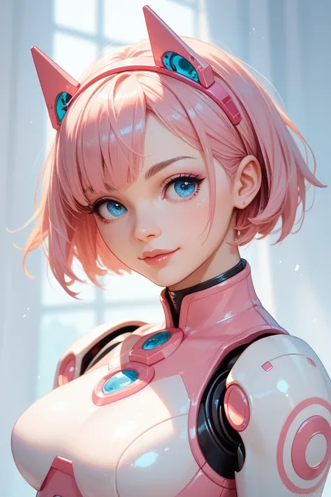 1 girl, pink short hair,blue eyes, looks adorable, standing up, wearing a robot costume