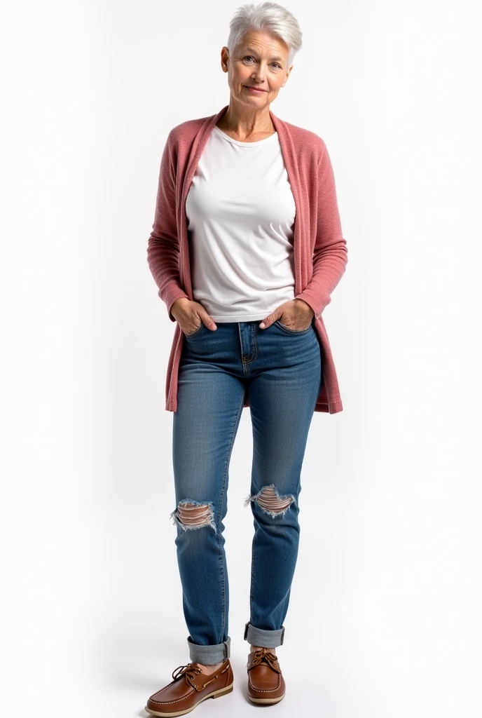 Photo HD,  high quality logo, Women, 75 ans, gray shaved hair, regarde la caméra, tshirt blanc moulant, small breasts, gilet laine à manches longues rose ouvert,  visualizer , beautiful woman, fine et bien faite,  blue jeans pants ripped on the thigh,  boa...