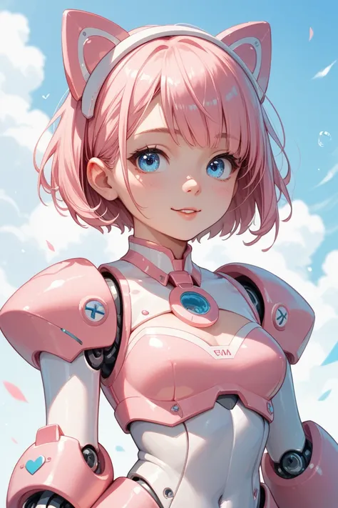 1 girl, pink short hair,blue eyes, looks adorable and cute, wearing a robot costume