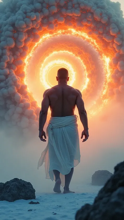 a colorful swirling vortex of vibrant hues, dynamic motion, frozen tundra landscape, intense heat, 1man, huge stocky muscular man, transparent white dhoti, ultra detailed, hyper realistic, cinematic lighting, volumetric fog, dramatic chiaroscuro, vibrant c...