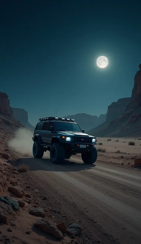  Car on a deserted road at night :  An off-road car with big wheels high suspension ,  in a dark and matte color ,  glides down a deserted road under a starry sky .  The soft light of the moon illuminates the dirt road ,  and the sound of the engine echoes...