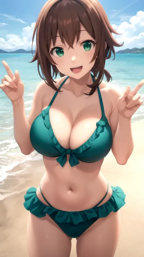 masterpiece, best quality, highres, Kazuma Satou, girl, Brown hair, Green Eyes, large breasts, frilled bikini, beach, standing, smile, open mouth,