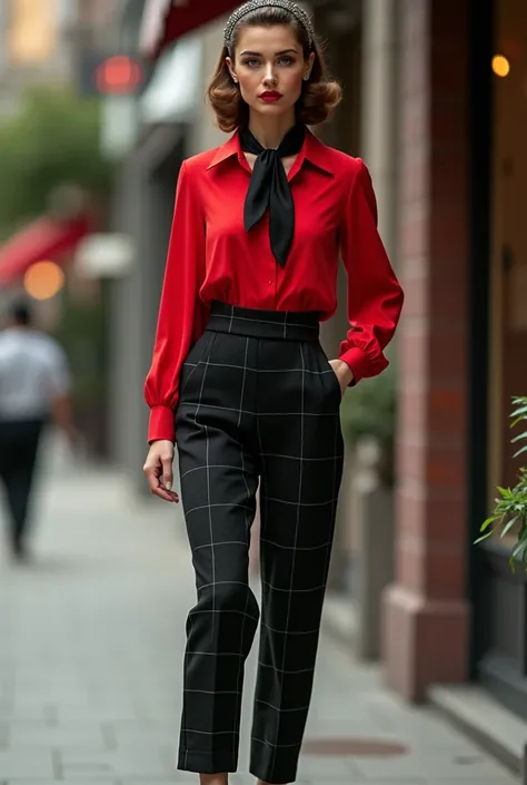 1950S FASHION RED BLOUSE LONG SLEEVE BLACK PLAID PANTS BLACK SHOES BLACK SCARF ON THE NECK SILVER HEADBAND