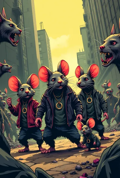  create a comic-style cover of a team of 4 rats in an apocalyptic setting with zombies,  a muscular male ,  another intelligent nerdy male , another muscular ,  and a goth mouse with short wavy hair 