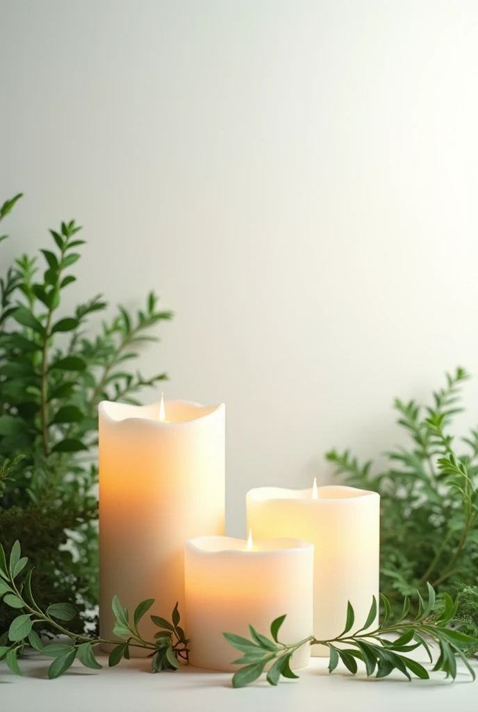 thick candles in the foreground with green plants and white background