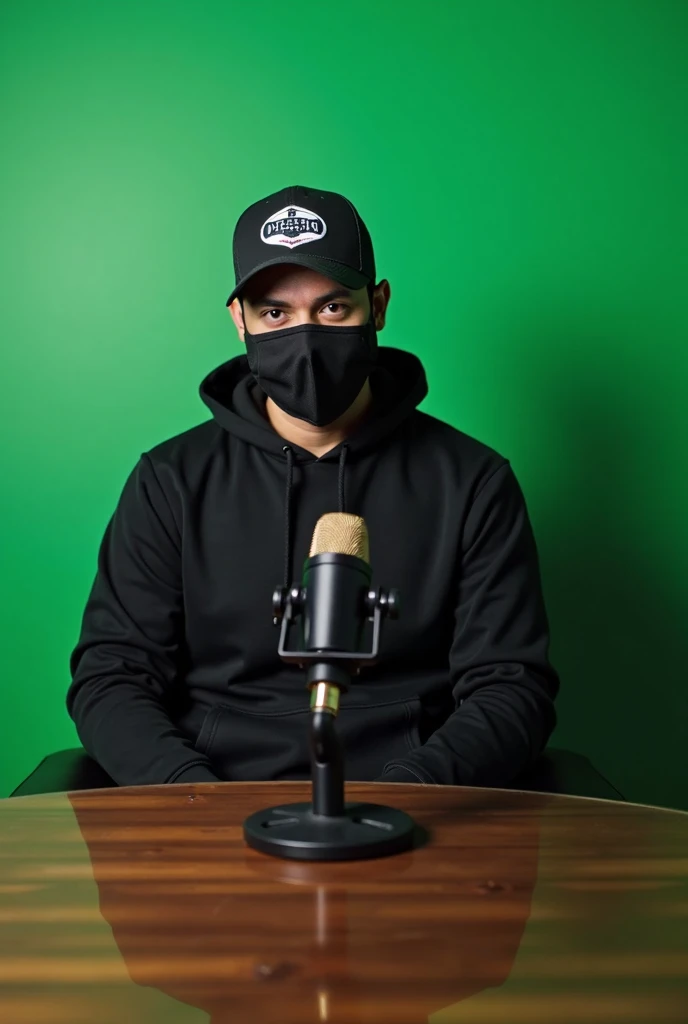 Table with podcast mic
A Man weared human skuled mask that covers just his nose and mouth sitting on a nice studio chair. Man should have in black unzip hoodie and a black cap with white patch and background should be a  single bright green wall. Rectangle...