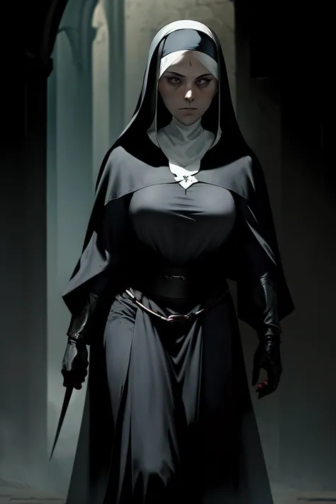 In a dark medieval fantasy setting, create a full-body image of female nun-assasin warrior that mimmetice with the background, as if she was invisible or using camouflage robes