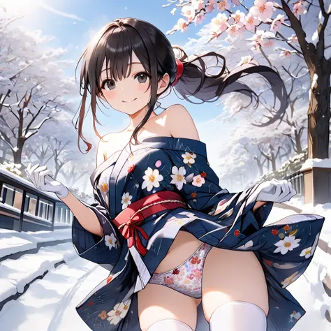 ( 1 girl)、 black hair, black eyes,(smile:1.5)、blush、(low ponytail:1.5), (long sidelocks:1.5), ,( small tits:1.5),(floral pattern off-shoulder mini yukata:1.5),(white thigh high :1.5),gloves、( white plaid panties :1.5),snow,Park Walkway、 Dynamic Poses、From ...