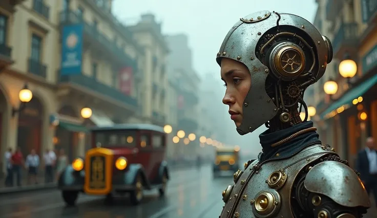 Close-up male servant robot in Stempunk style;  style station in Rio de Janeiro in 1925 in the form of steampunk; Rio de Janeiro steampunk from 1925 wet and foggy , The buildings and cars are in the stempunk style ;  (best quality, 8k, high resolution, mas...