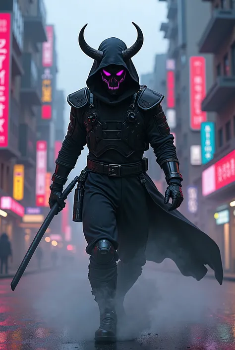 Cyberpunk ninja with an oni mask