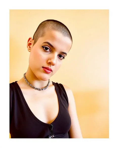 realistic image of a woman with a shaved head haircut, looking at the viewer 