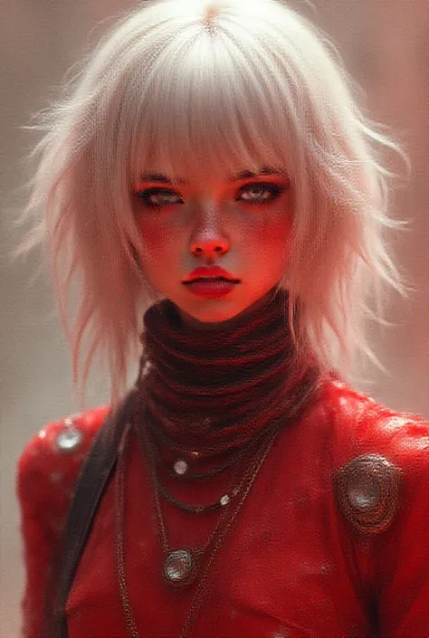 Une Civilisation ExtraPlanétaire basée une Ressource le Rodhium. Une Jeune femme Shérif Cheveux Court dArgent Sauvage  ((Hautement Détaillé de Haute Qualité,)) Science Fiction, (Rodhium Punk City). (Explore Reds Chrome Colors)