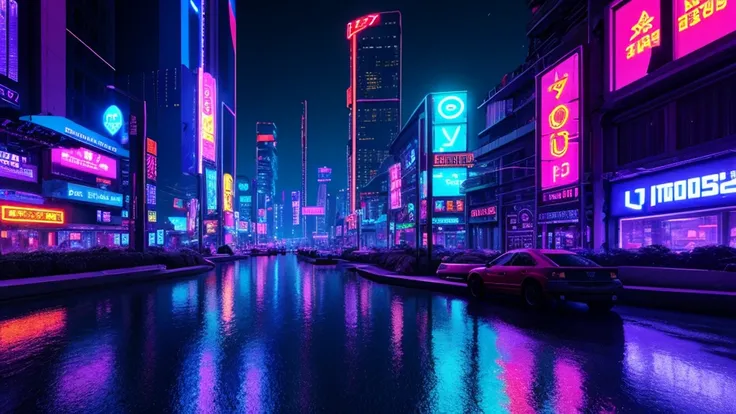 create a landscape of a cyberpunk city with neon lights during night,  realistic, 8k, 