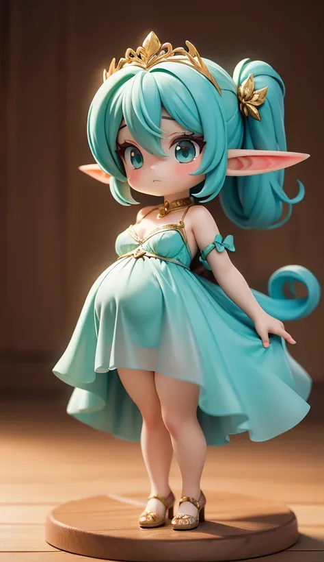 The image features two exquisite anime-style pregnant elf characters standing gracefully on a polished wooden floor. One character has long mint green hair adorned with a delicate, decorative accessory that adds a whimsical touch, while the other character...