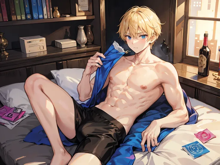 Blonde merchant man sits naked on bed wearing black boxer shorts with hundreds of colorful condoms in his hands
