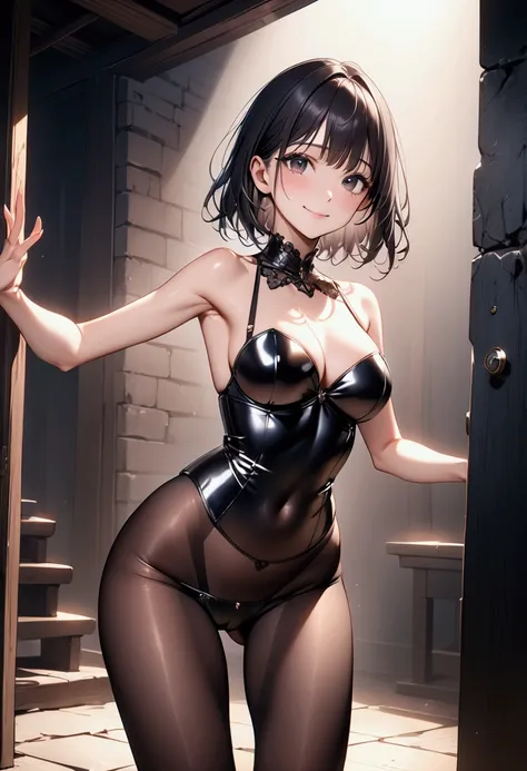  Anatomically Correct Human Body 、 Masterpiece、 best quality、Modern Japan、 smiling woman with soft medium bust with dark eyes 、メタリックな光沢のあるＳＭ wearing a metallic shiny 、panties under pantyhose、 slender woman 、 Soft medium bust 、dark eyed woman 、 her lean fac...