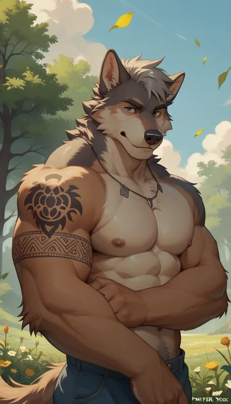 furry, pasture dog, wolf, muscular, strong, brown fur, gray hair, strong, male, may tay, tattoo on the right arm,