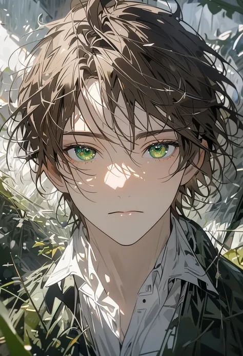 male, solo, handsome, brown hair, beautiful eyes, green eyes, parted bang, ahoge hair, white shirt,  front face, high detail, beautiful eyes, macro picture,