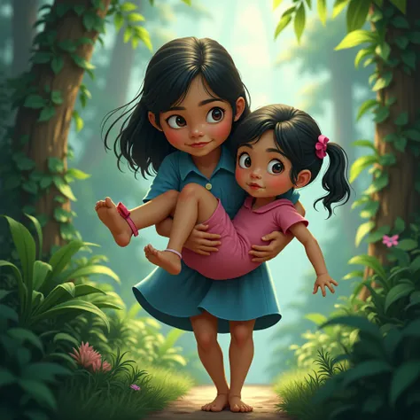 The girl in blue carrying the girl in pink while walking in the jungle 