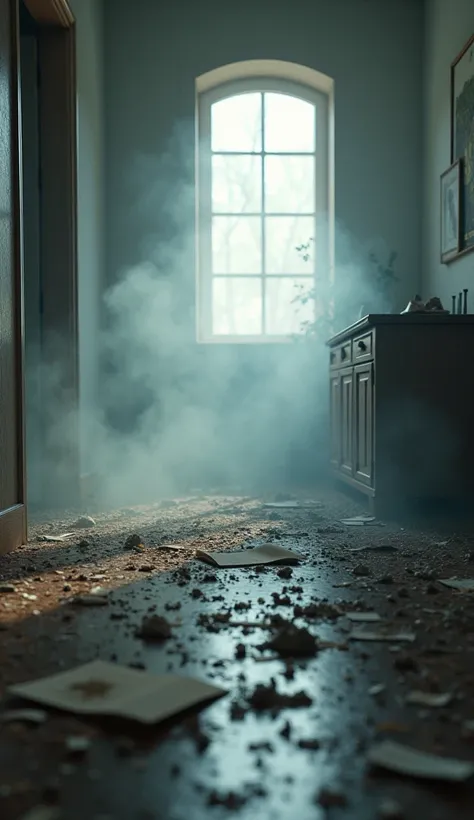 a floor of a house covered in smoke and dust, as if a big mess had just happened, dust and debris everywhere, in dynamic 3D animation