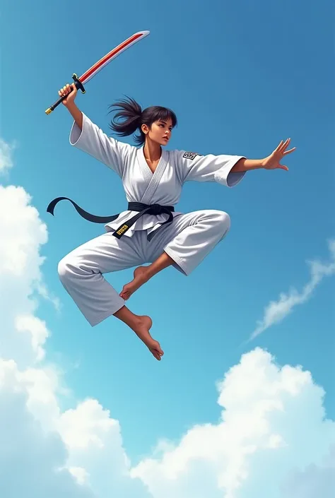 Hammasa Kohistani flying on the sky with using a gun, wearing BJJ costume and bare feet