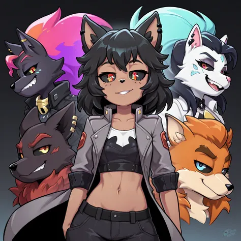 Vivziepop style), anthro, canid, canid demon, demon, male, hellhound, helluva boss, mammal, midriff, Black sclera red pupils,, overcoat Black,solo, Black medium hair,, (by vivzmind)