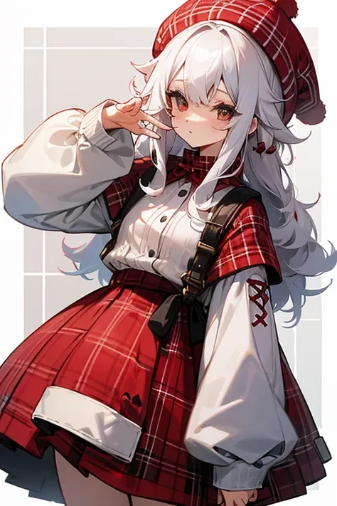 White girl with curly platinum hair, Cute clothes、((white red plaid hat)).