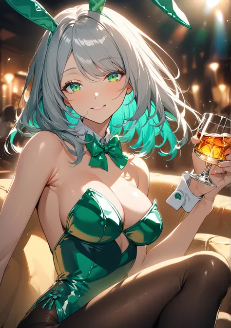 1 girl, Game CG, shallow depth of field, a portrait with a soft Gaussian blurred background, creating a dreamy atmosphere, focus on face,
seating on couch, having a glass of whiskey, from side, upper body, happy atmosphere, graceful smile,

(silver Hair,  ...